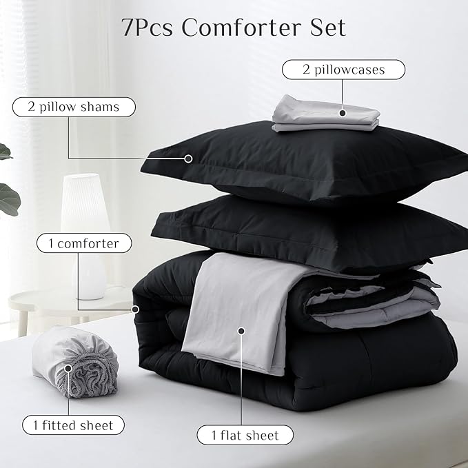 JOLLYVOGUE California King Comforter Set, Ultra-Soft Cal King Bed Comforter Set, 7-Piece Bed in a Bag, Goose Down Alternative, Oeko-TEX Certified, Sheets & Pillowcases, Black & Light Grey
