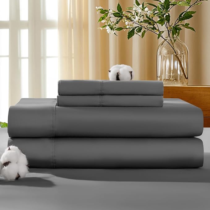 LBRO2M 100% Cotton Sheets Set Deep Pocket 19", 1000 Thread Count King Size 4 Piece Bed Sheet Sets Soft Comfortable Bedding All Season (King, Dark Grey)