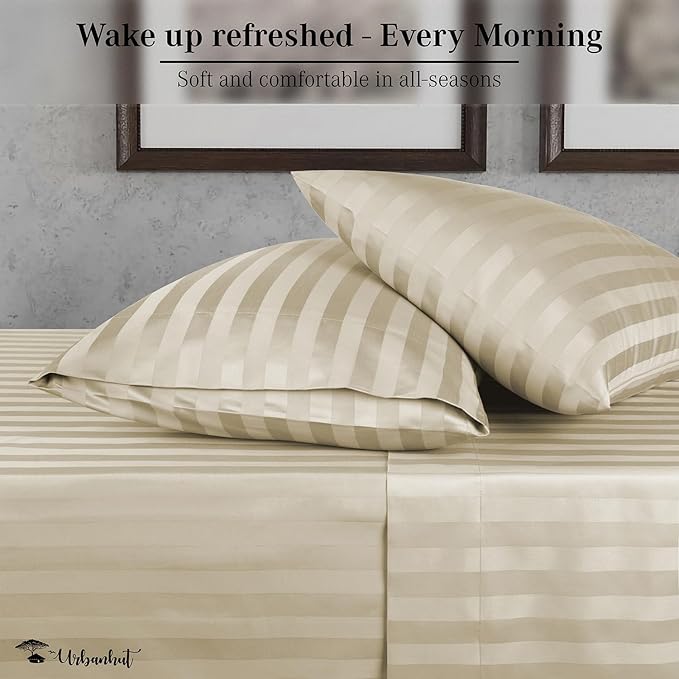 URBANHUT 800 Thread Count 100% Cotton Damask Queen Size Sheets, 4 Piece Striped Queen Size Bedsheets, Luxury Hotel Sheets Sateen Weave - Better Than Egyptian, 16" Elasticized Deep Pocket- Ivory