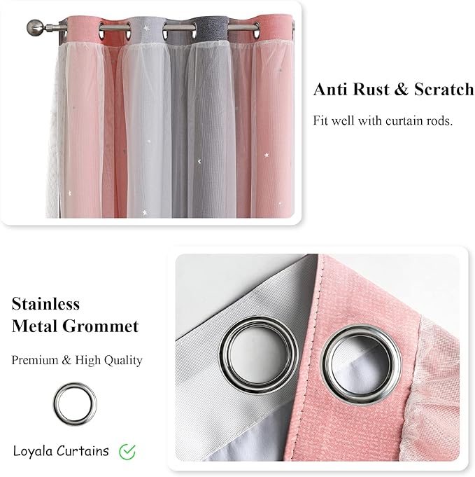 Star Blackout Curtains for Bedroom - Cute Kids Rainbow Curtains, 108 Inch Long 2 Panels, Pink & Grey