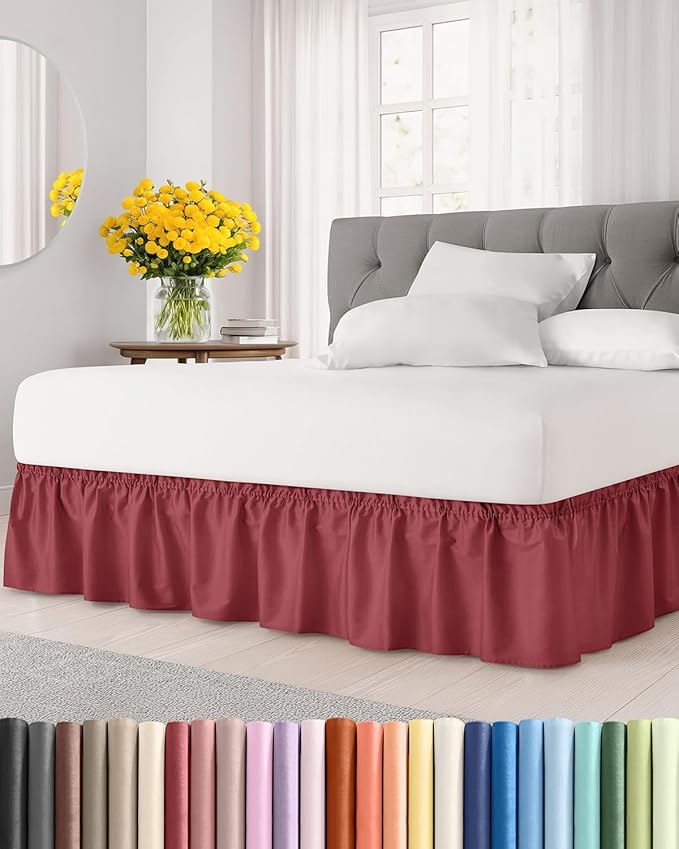 Wrap Around Dust Ruffle Bed Skirt - Burgundy - for Queen Size Beds with 18 Inch Drop - Elastic Strap - Adjustable Pleated Bedskirt with Brushed Fabric and Wrinkle Free - for Women, Men, Kids & Teens
