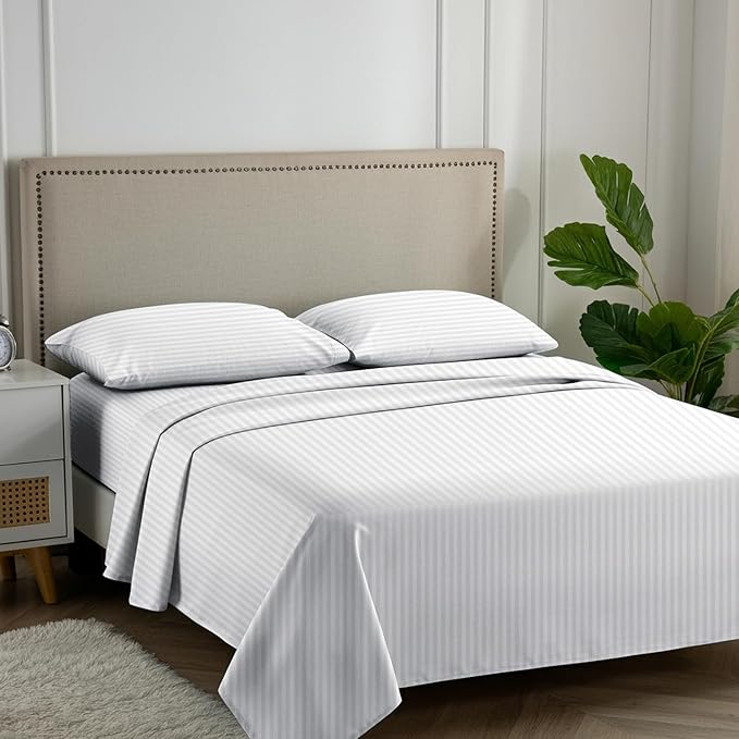 Carressa Linen Luxury Egyptian Cotton Queen Stripe Sheet Set - 600 Thread Count Extra Long Staple 4 PC Set, Crisp White Queen Damask Sheets, Soft, Cooling Sateen Weave Sheets Upto 18 in Deep Pocket