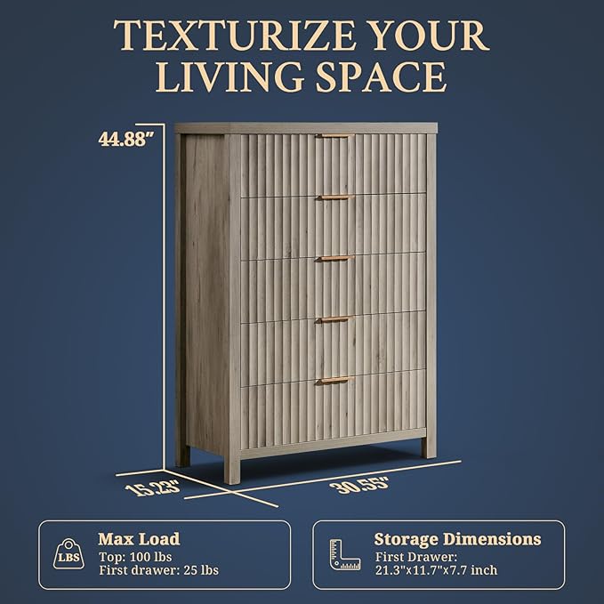 5 Drawers Dresser for Bedroom, 44 Inches Tall Modern Bedroom Dressers, Chest of Drawers for Bedroom, Fluted Dresser for Closet Organizer for Living Room, Hallway, Entryway (Grey Oak, 3 Pieces)
