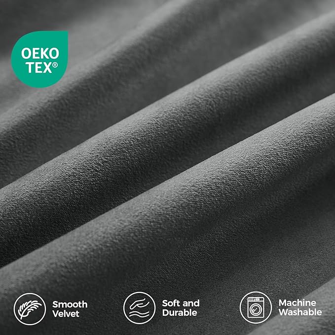 Pinch Pleated 100% Blackout Curtains for Bedroom, Grey Velvet Curtains for Living Room, Black Out Curtain 96 inch Long Room Darkening, Blackout Pinch Pleat Drapes with Hooks 2 Panels