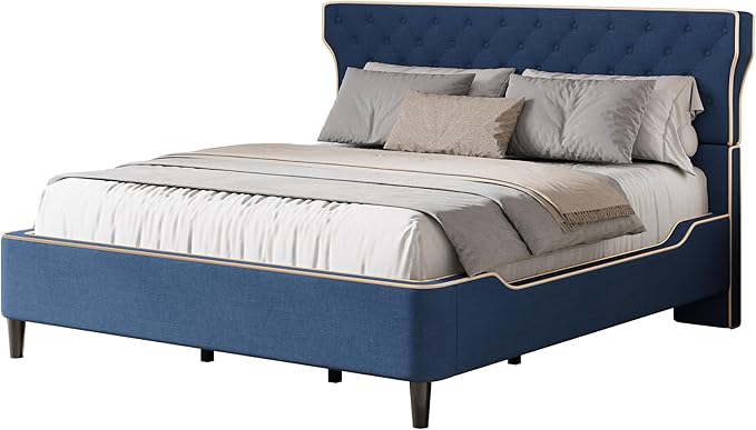 Christopher Knight Home Salus Linen Upholstered King Size Bed Frame with Headboard, Modern King Bed Frame and Headboard, Wooden Slats Support, Easy Assembly, No Box Spring Needed, Blue