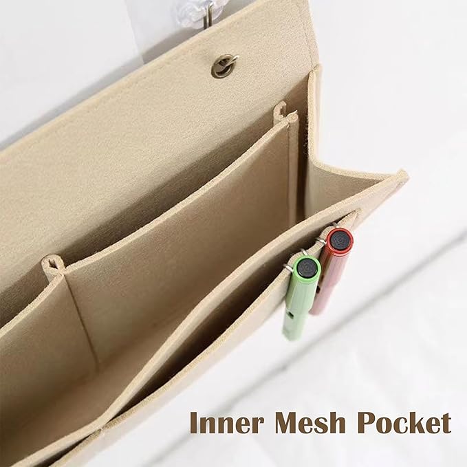 Bedside Caddy, 5 Pockets Felt Bedside Storage Organizer, Hanging Storage Organizer for Home Bedroom Living Room College Dorm Bed Water Bottles, Magazines, Phone, Glasses (Beige)