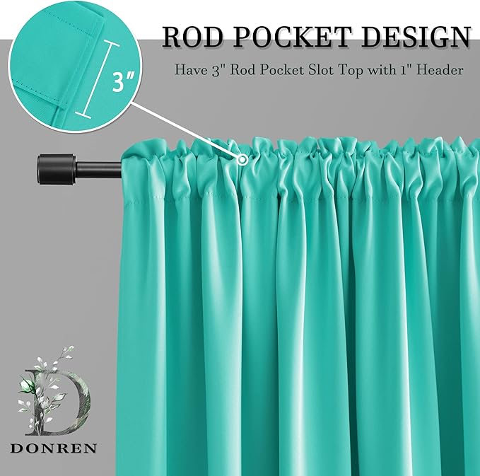DONREN Turquoise Blackout Curtains for Bedroom - Thermal Insulated Rod Pocket Short Curtain Drapes (42 by 54 Inch,2 Panels)
