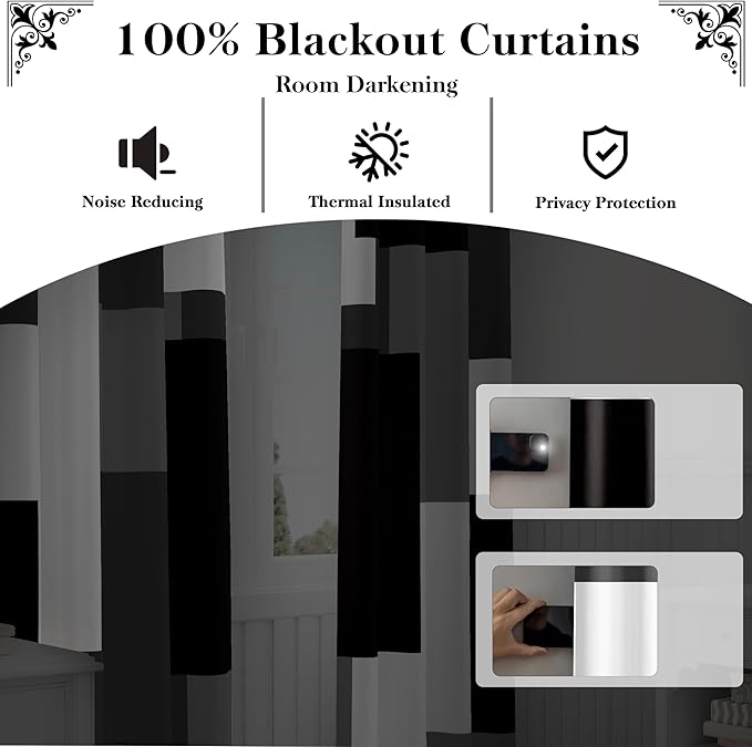 Black Grey Short Blackout Curtains 45 inch Length 2 Panels Set White Grey Modern Abstract Geometric Drapes for Kitchen Black Out Curtains Insulated Room Darkening Small Window Curtains, 42Wx45L