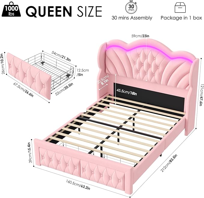 Keyluv Queen Bed Frame with LED Lights and 2 Storage Drawers, Velvet Upholstered Platform with 47" Tall Arc-Shaped Wingback Headboard and Button Tufted Design, No Box Spring Needed, Noise-Free, Pink