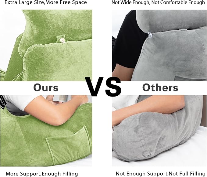 SLIGUY Reading Pillow-Bed Rest Pillow with Detachable Neck Roll & Higher Support Arm for Sitting in Bed Couch or Floor-Backrest Reading Pillow Adult Back Pillow for Reading/Watching TV/Gaming,Green