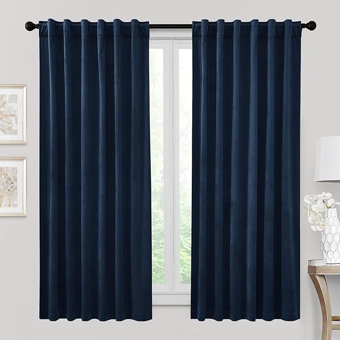 RYB HOME Heavy Duty Velvet Curtains & Drapes, Room Darkening Noise Reducing Window Treatment for Living Room Bedroom Privacy Draft Block Shades for Stuido, Navy Blue, W52 x L72 inch, 2 Panels