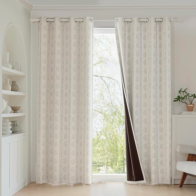100% Boho Blackout Curtains 84 Inches Long for Bedroom, Grey on Beige Patterned Bohemian Curtains for Living Room, Geometric Striped Thermal Insulated Window Drapes Gromment Top 2 Panels
