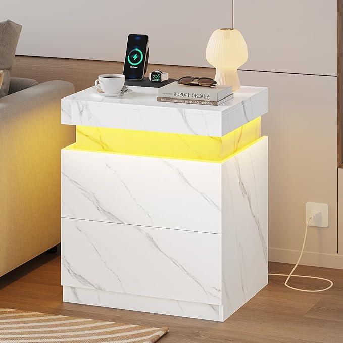 ADORNEVE Nightstand Set of 2,Night Stand with Charging Station & LED Light & Sliding Top,Bedside Table with Drawers,Modern Bed Side Tables Bedroom,White Marble
