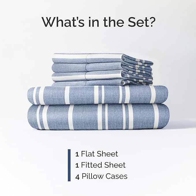 Queen 6 Piece Sheet Set - Cooling, Comfy & Breathable - Hotel Luxury Bedding, Includes Fitted Sheet for Women, Men, Kids & Teens - 1 Flat, 1 Fitted Sheet, 4 Pillowcases w/Deep Pockets - Blue Stripes