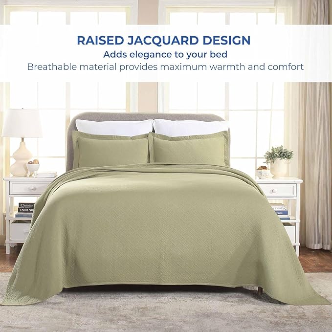 Superior 100% Cotton Basket Weave Bedspread with Shams, All-Season Premium Cotton Matelasse Jacquard Bedding, Quilted-Look Geometric Basket, Full, Sage
