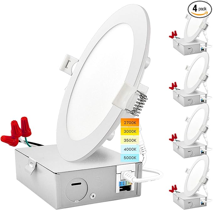 LUXRITE 6 Inch Ultra Thin LED Recessed Light with J-Box, 12W, Color Temperature Selectable 2700K | 3000K | 3500K | 4000K | 5000K, Dimmable Wafer Light, 1000 Lumens, Energy Star, IC Rated (4 Pack)
