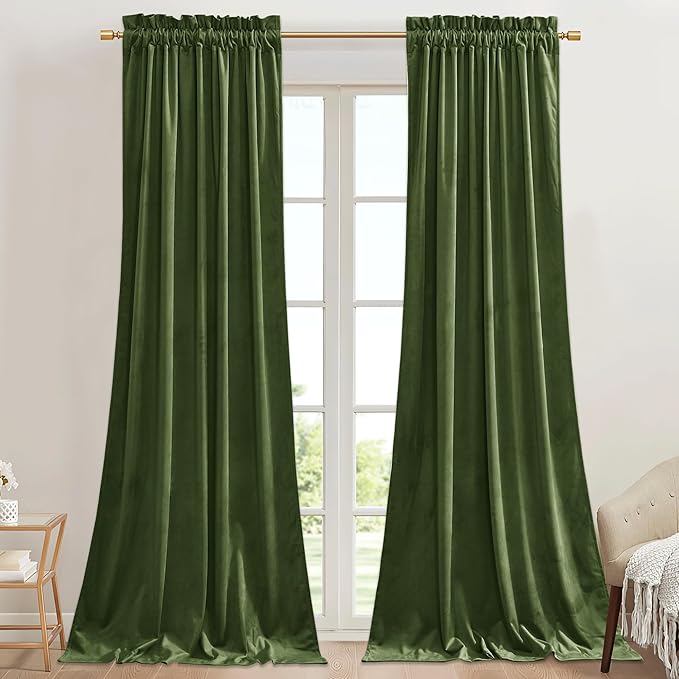 StangH Luxury Velvet Blackout Window Drapes Moss Green Curtains for Holiday Christmas Decoration, Soft Thermal Insulated Drapes for Loft/Dining Room, W42 x L96, 2 Panels