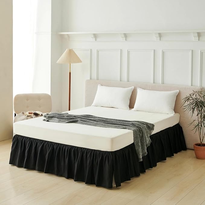 Bed Skirt King Size, Ruffled Bed Skirt with Split Corners, Black Bed Skirts 14 Inch Drop, Bed Skirting with Platform, 14'' King, Black