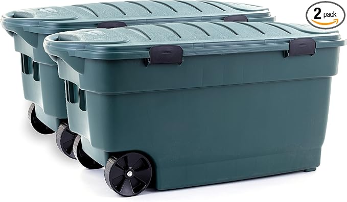 Rubbermaid ECOSense Wheeled Storage Totes, 40 Gal Pack of 2, Durable and Reusable Bins with Latching Lids for Garage or Home Organization, Made From Recycled Materials