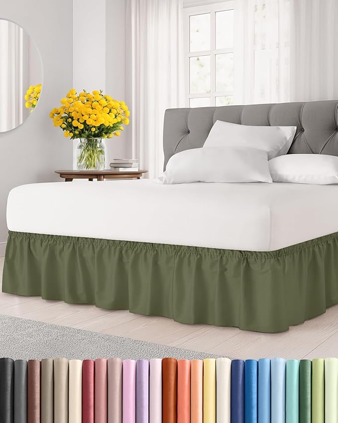 Wrap Around Dust Ruffle Bed Skirt - Sage Green - for King Size Beds w/ 14 Inch Drop - Easy Fit Elastic Strap - Adjustable Pleated Bedskirt with Brushed Fabric, Wrinkle Free Women, Men, Kids and Teens
