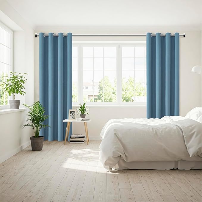 ChrisDowa 100% Blackout Blue Solid Curtains 63 Inches Long 2 Panels for Bedroom Living Room,Farmhouse Room Darkening Thermal Insulated Soundproof Grommet Top Window Treatment Drapes,52x63