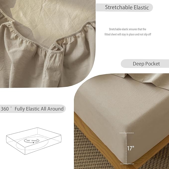 MooMee Fitted Bottom Sheet Only 100% Washed Cotton Linen Like Textured Breathable Durable Soft Comfy Deep Pocket Fits Mattress up to 17" (Mocha Brown, Queen)