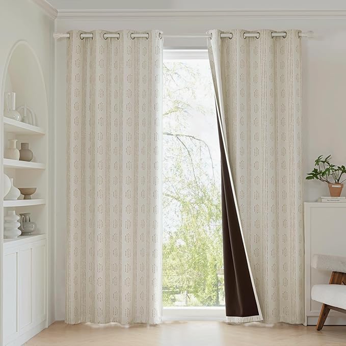 100% Boho Blackout Curtains 90 Inches Long for Bedroom, Taupe on Beige Patterned Bohemian Curtains for Living Room, Geometric Striped Thermal Insulated Window Drapes Gromment Top 2 Panels