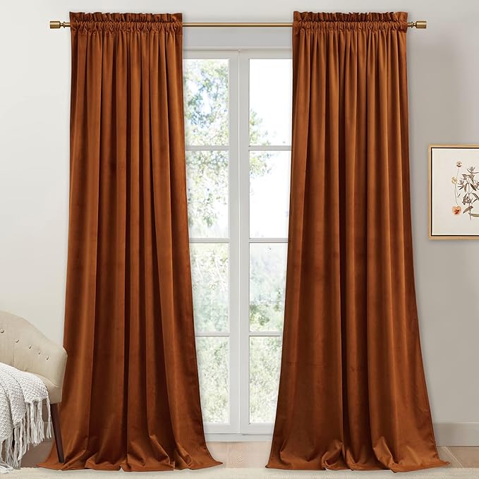 StangH Burnt Orange Curtains Fall - Super Soft Thick Velvet Blackout Window Treatments Thermal Insulated Energy Saving Sliding Door Panels for Living Dining Room/Doorway, W52 x L90, 2 Panels