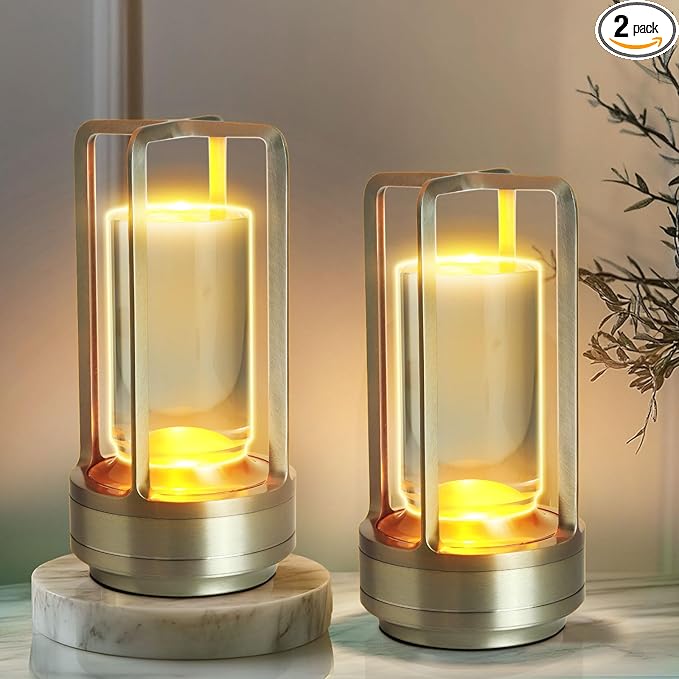 Crystal Lantern Lights Set of 2, Czgor Battery Operated Rechargeable Cordless Crystal Table Lantern Lamp with 3-Color, Small LED Desk Lamp for Indoor/Outdoor Patio Camping Bar Restaurant(Silver)