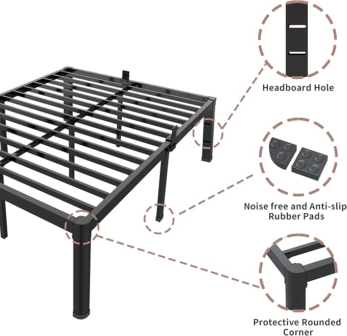 ROIL 16 Inch Twin XL Bed Frame with Rounded Corner and Headboard Hole Mattress Retainers 3500LBS Metal Heavy Duty Steel Slats No Box Spring Needed Platform Noise-Free Easy Assembly