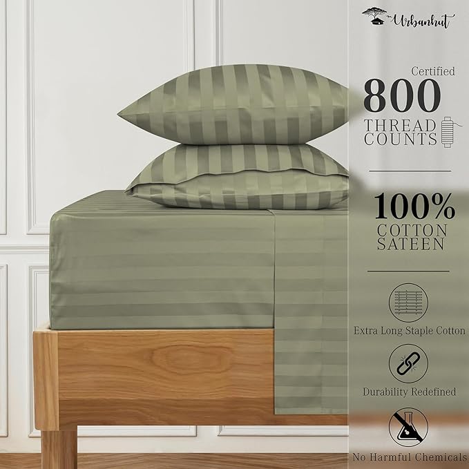URBANHUT 800 Thread Count 100% Cotton Damask Full Size Sheets, 4 Piece Striped Full Size Bedsheets, Luxury Hotel Sheets Sateen Weave - Better Than Egyptian, 16" Elasticized Deep Pocket- Sage