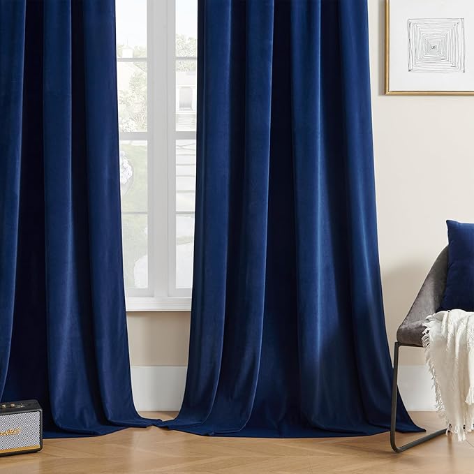 Joydeco Blue Velvet Blackout Curtains 84 Inch - 2 Panels Thermal Insulated Rod Pocket Drapes for Living Room Bedroom Dining Room Privacy