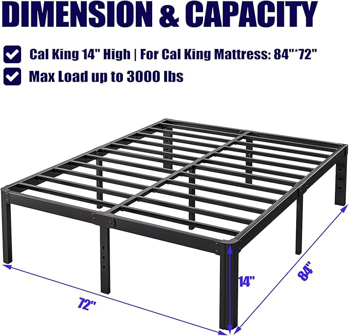 Hunlostten 14in High Heavy Duty California King Bed Frames No Box Spring Needed, Metal Platform Cal King Bed Frame with Round Corners, Easy Assembly, Noise Free, Black