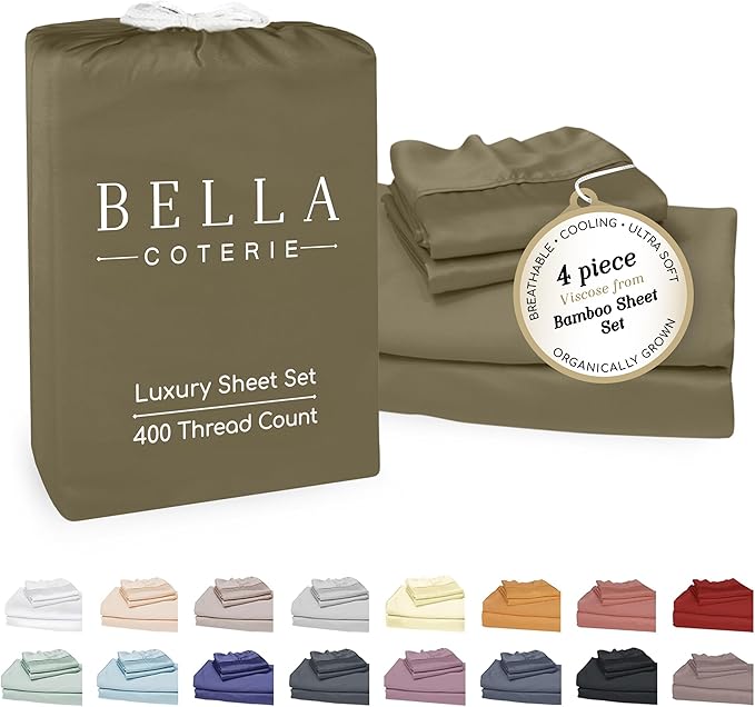 Bella Coterie Luxury Bamboo Viscose Cal King Size Sheet Set | 100% Organically Grown | Ultra Soft | Cooling for Hot Sleepers | 18" Deep Pocket [Olive]