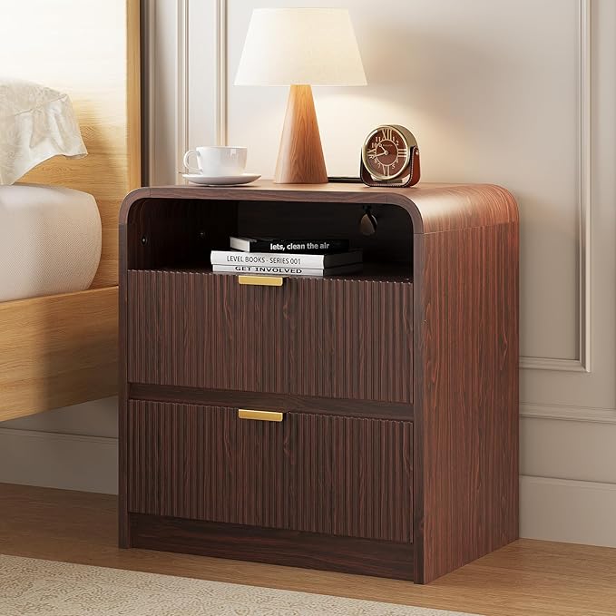 FURSUN 24" Fluted Nightstand Set of 2 with Charging Station, Wooden End Table with 2 Drawers Storage, Curved Profile Design, Modern Bedside Cabinet for Bedroom, Walnut