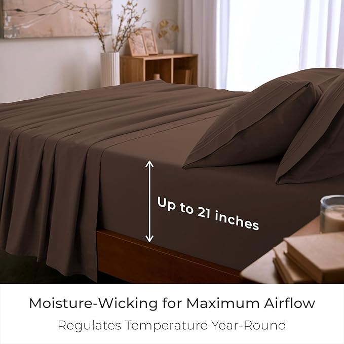 Mellanni Full Sheet Set - 6-Piece Iconic Collection Bedding, (Including 4 Pillowcases), 21-Inch Extra Deep Pocket, Easy Care, Ultra Soft, Cooling Sheets, Brushed Microfiber - Brown