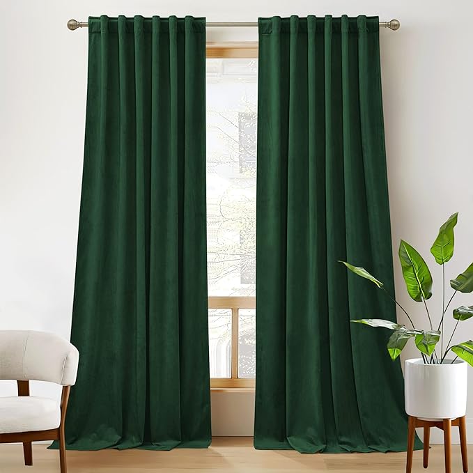 RYB Home Green Living Room Curtains, Vintage Velvet Drape Soft Durable Texture Room Darkening Privacy Window Treatment Decorative Backdrop Thermal Curtain for Bedroom, W52 x L90 inch, 2 Panel