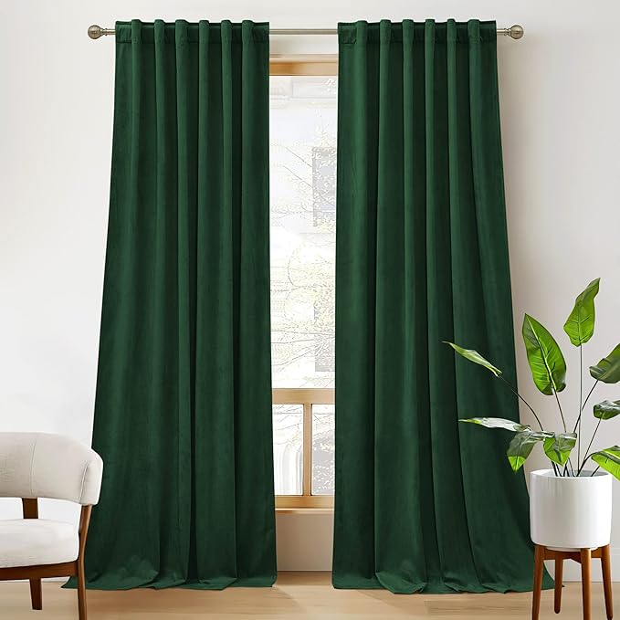 RYB HOME Living Room Curtains, Vintage Velvet Drape Soft Durable Texture Room Darkening Privacy Window Treatment Decorative Backdrop Thermal Curtain for Bedrooom, Hunter Green, W52 x L96 inch, 2 Panel