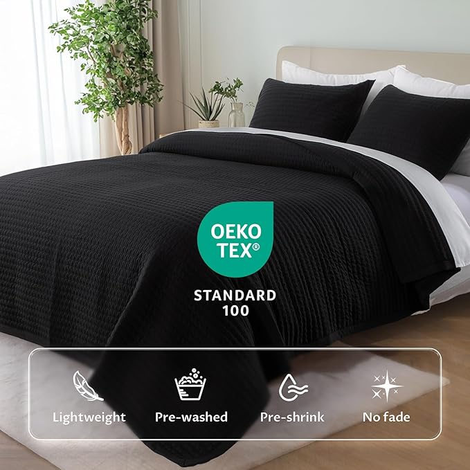 KASENTEX King XL Quilt Set 108"x98" – Soft Washed 3-Layer Lightweight Bedspread, Minimalist Nordic Design, All-Season Spring & Summer Quilt Set (1 Quilt + 2 Pillow Shams), Jet Black