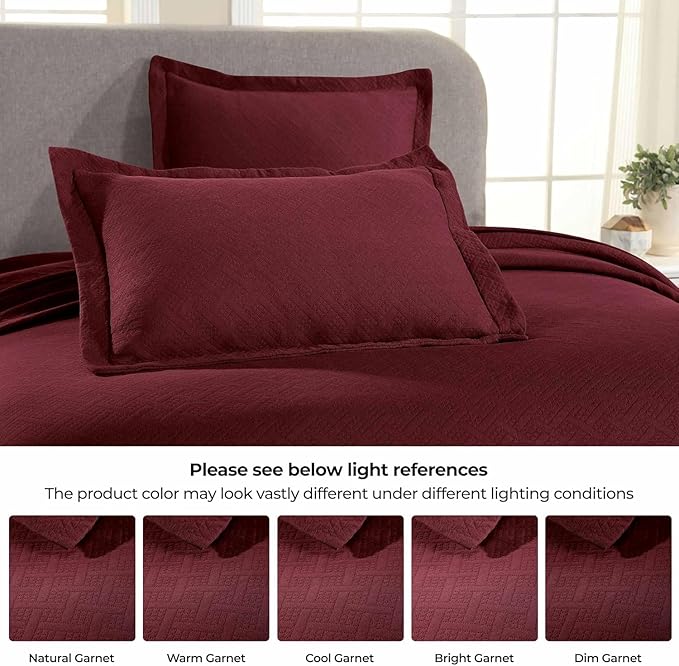 Superior 100% Cotton Basket Weave Bedspread with Shams, All-Season Premium Cotton Matelasse Jacquard Bedding, Quilted-Look Geometric Basket, King, Garnet