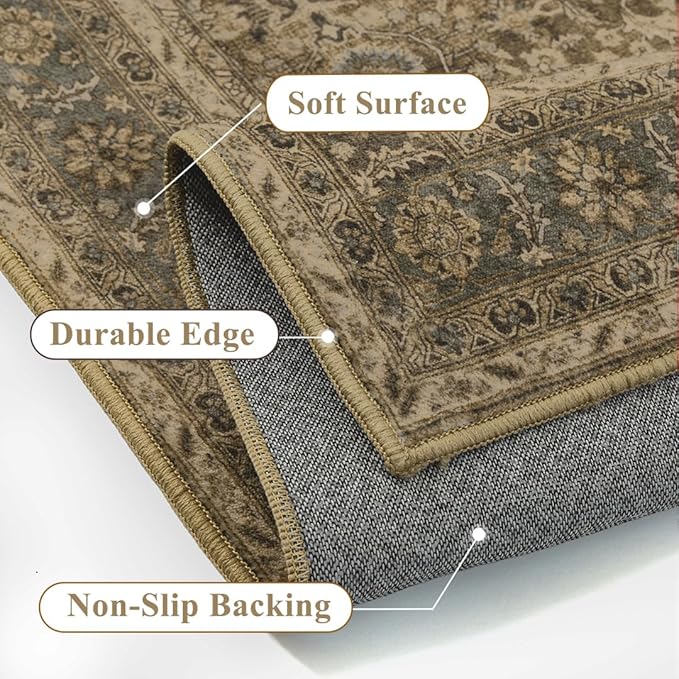 Brown 6x9 Area Rug Washable Vintage Carpet for Living Room Bedroom Large Soft Retro Floral Low Pile Thin Indoor Rug Non Slip Traditional Distressed Floor Cover for Dining Room Office