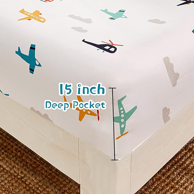 JSD Airplane Kids Sheet Set Full Size, 4 Piece Soft Printed Microfiber Bed Sheets Deep Pocket