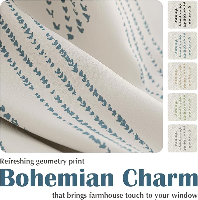 100% Boho Blackout Curtains 63 Inches Long for Bedroom, Blue on Beige Patterned Bohemian Curtains for Living Room, Geometric Striped Thermal Insulated Window Drapes Gromment Top 2 Panels