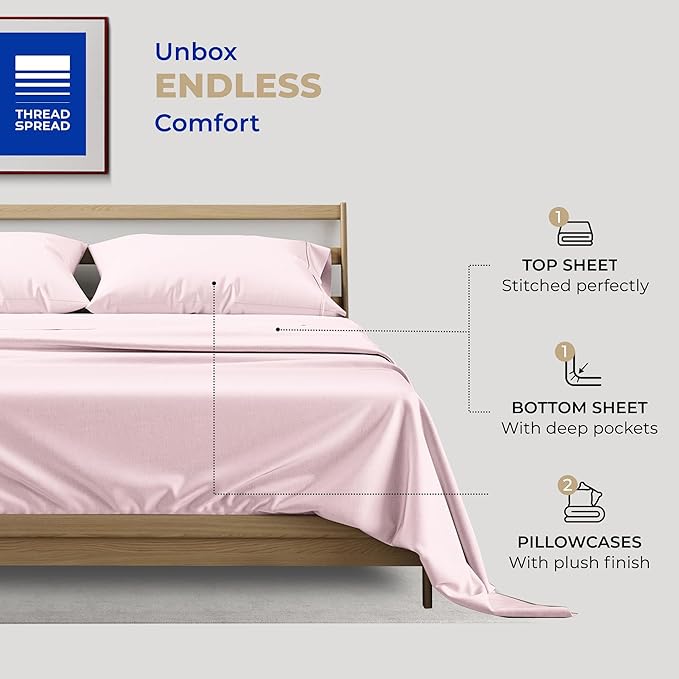 THREAD SPREAD 100% Cotton Sheets Full Size Set - 400 Thread Count 4 PC Full Size Sheet Sets Cotton, (Blush), Ultra Soft, Breathable, Cooling, Sateen Weave 16" Deep Pocket Bedsheet for Hot Sleepers