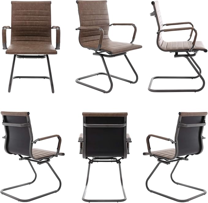 Wahson Office Guest Chairs Set of 2, Leather Reception Chairs, Mid Back Waiting Room Chair, Conference Chairs with Sled Base for Meeting/Lobby/Restroom, Brown