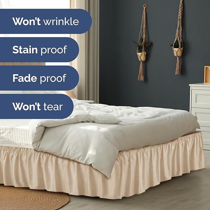 Wrap Around Dust Ruffle Bed Skirt - Cream - for Queen Size Beds with 18 Inch Drop - Easy Fit Elastic Strap - Adjustable Pleated Bedskirt w/Brushed Fabric - Wrinkle Free - for Women, Men, Kids & Teens