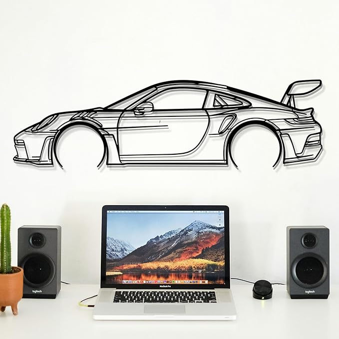 Dekory Car Wall Art – 911 GT3 RS (992) Black Metal Sports Car Silhouette, Modern Industrial Automotive Wall Decor for Garage, Living Room or Bedroom – 40 Inch (L)