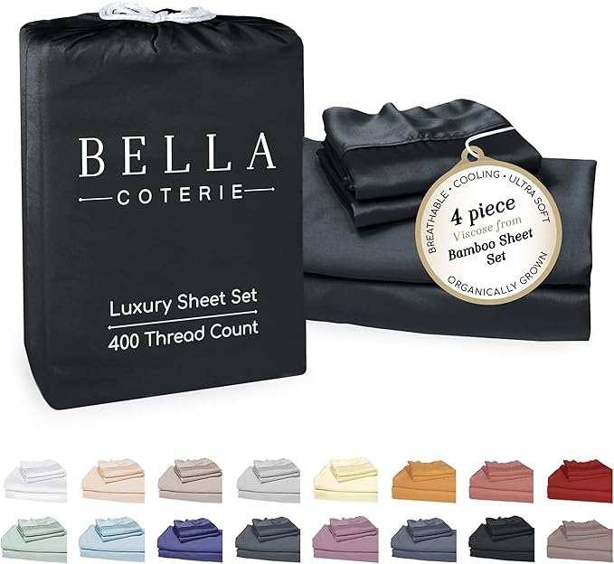 Bella Coterie Luxury Bamboo Viscose Cal King Size Sheet Set | 100% Organically Grown | Ultra Soft | Cooling for Hot Sleepers | 18" Deep Pocket [Black]