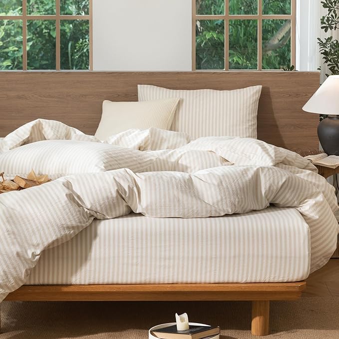 MooMee Striped Duvet Cover Set 100% Washed Cotton Linen Like Textured Breathable Durable Soft Comfy (Almond Milk Grey Classic Stripes, Oversized King Plus 128"x120")