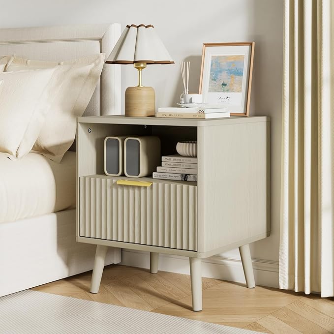LYNSOM Fluted Dresser and Nightstand Sets 3 Piece, 7-Drawers Dresser and 1-Drawer Nightstands Set of 2, Wood Bedroom Furniture Set for Home, Bedroom, Hallway, Beige